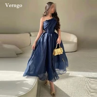 verngo navy blue organza a line prom dresses one shoulder pleats ankle length evening gowns party formal dress saudi arabic