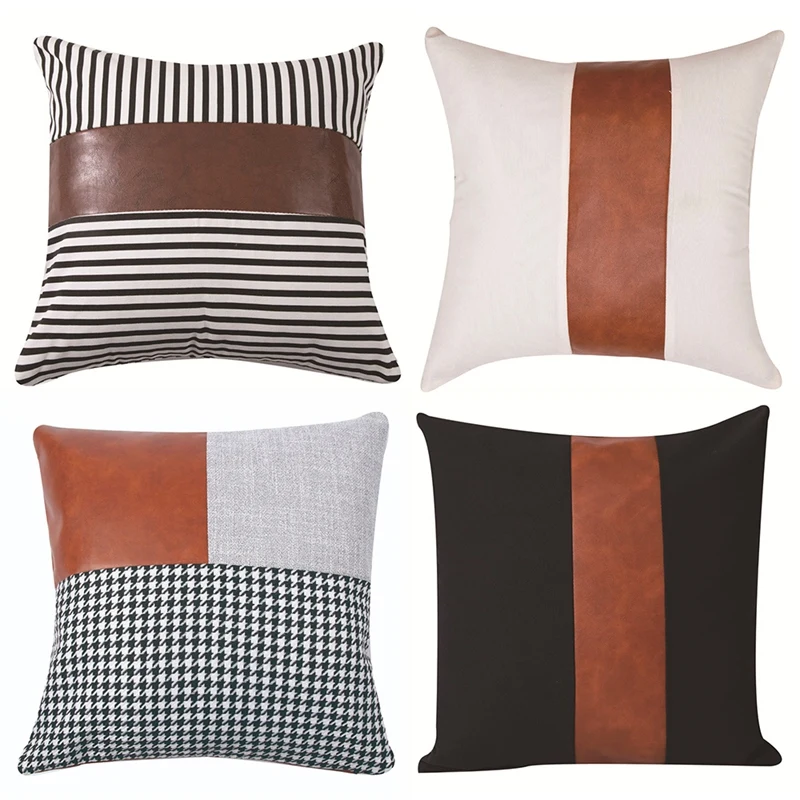 

2Pcs Bohemian Cushion Cover Nordic Fashion Pu Leather Black Canvas Stitching Decorative Lumbar Pillow Case