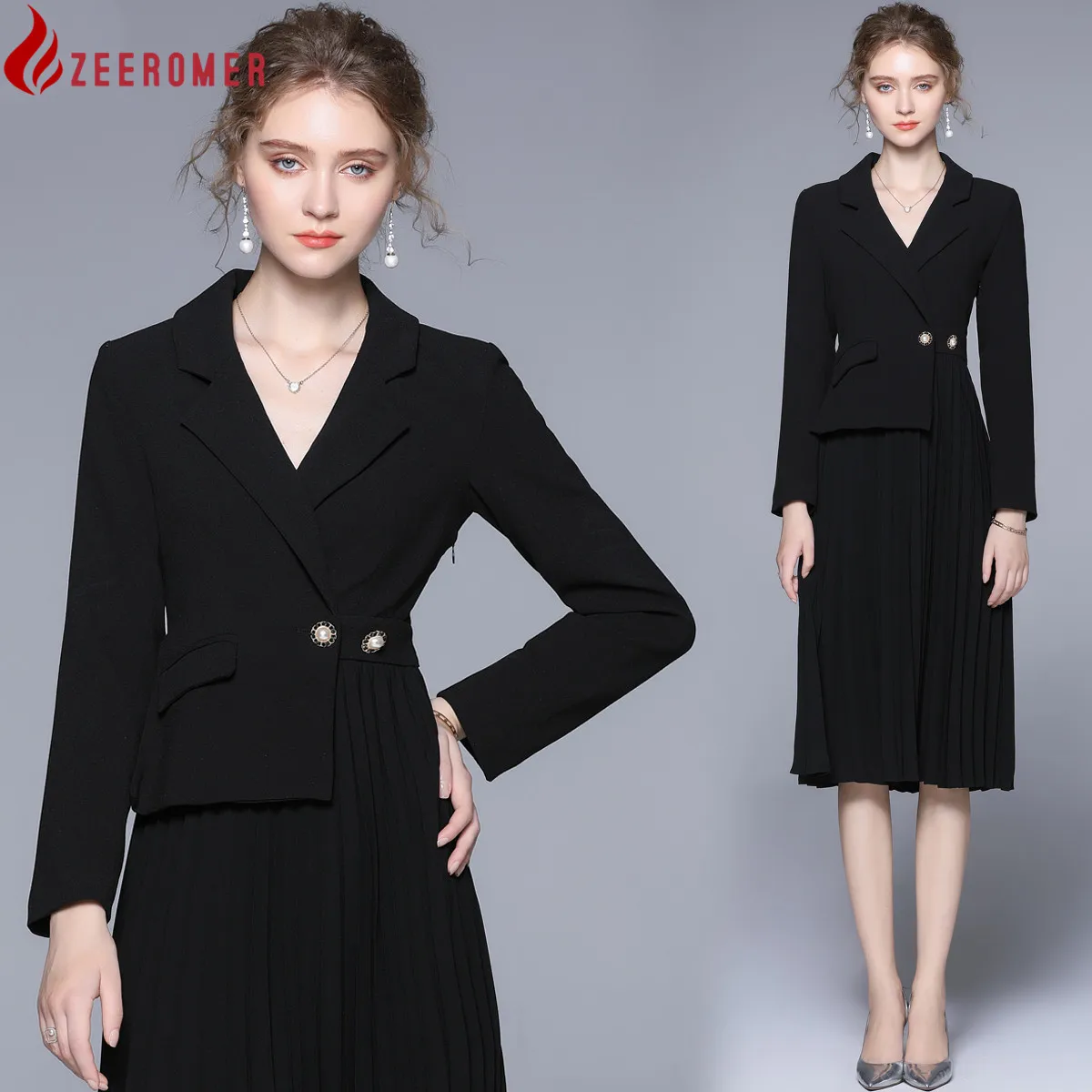 Summer High-End Temperament Suit Dress Women Notched Collar Long Sleeve Double Breasted Pleated Dress Lady Slim Party Midi Dress