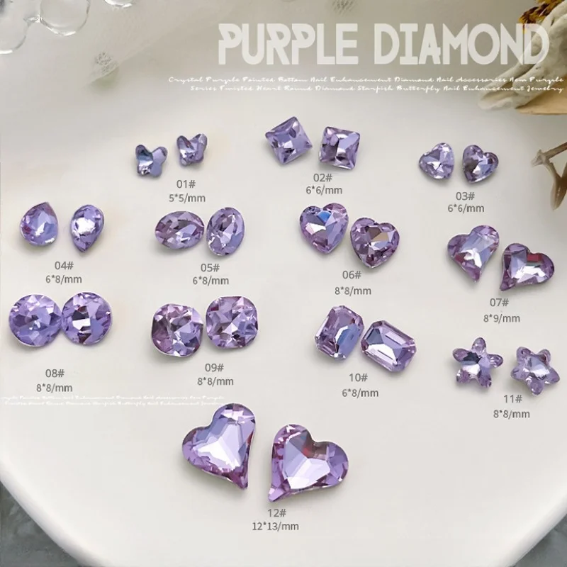 

10pcs Purple Crystal Pointed Bottom Special-shaped Diamond Sparkling Peach Heart Butterfly Nail Decoration Accessories