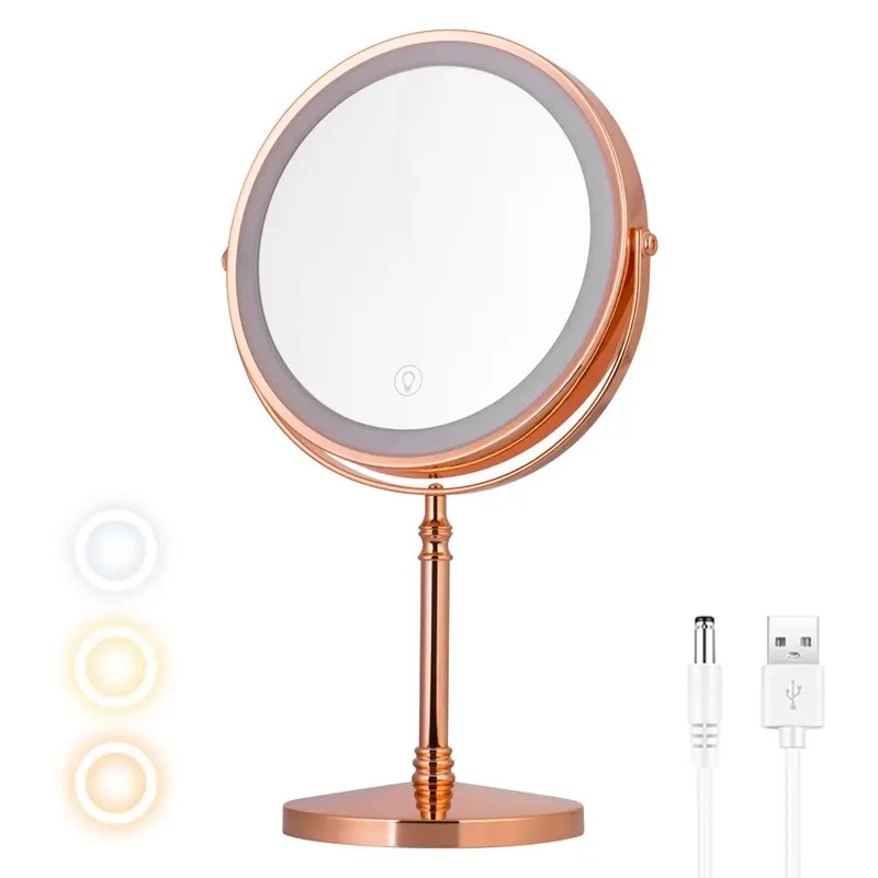 

Зеркало для макияжа с подсветкой 8 дюймов, перезаряжаемое Двухстороннее увеличительное зеркало для туалетного столика с 54 лампочками и 3 регулируемыми цветами, Tou