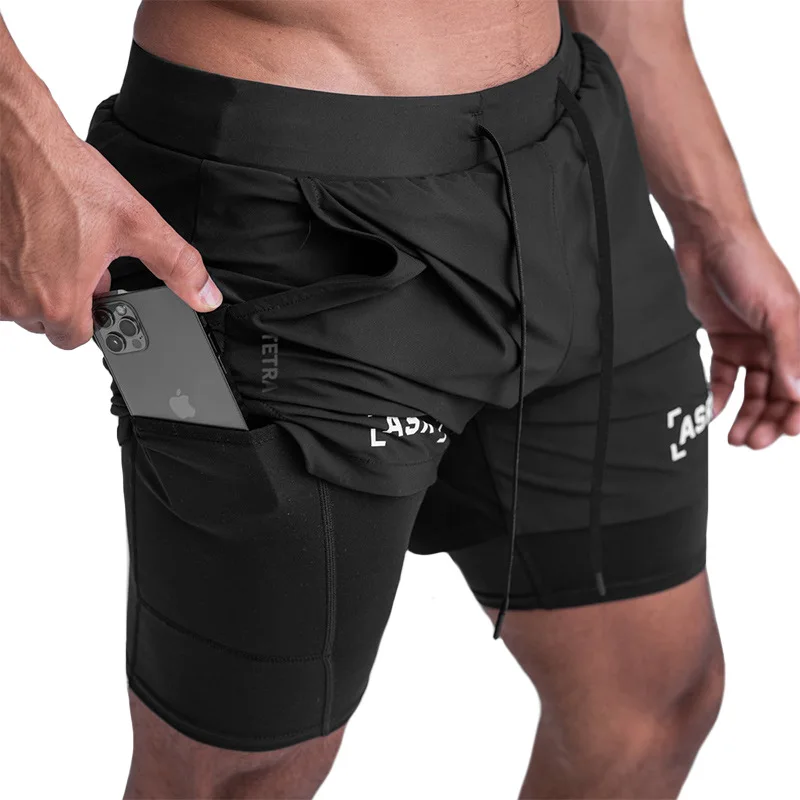 Wearing Summer Men's Sports Shorts, Fake Two-piece Quick-drying Double-layer Basketball Pants, Anti-light Running Fitness Pants