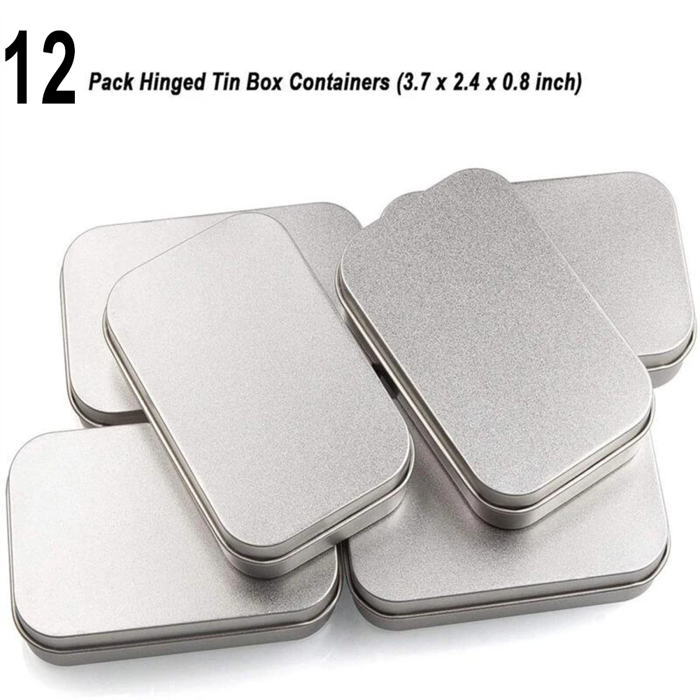 

12Pcs Metal Hinged Tin Box Rectangular Storage Container Jewelry Candy USB Cable Pill Small Storage Tins Portable Container Case