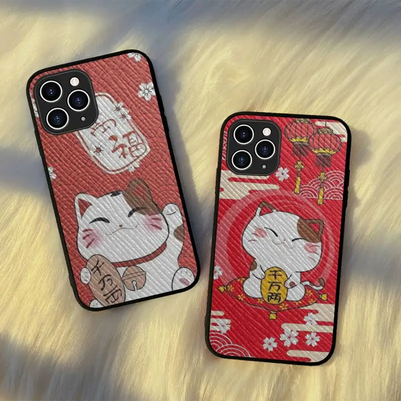 

Lucky Cat Phone Case Hard Leather Case for iPhone 11 12 13 Mini Pro Max 8 7 Plus SE 2020 X XR XS Coque