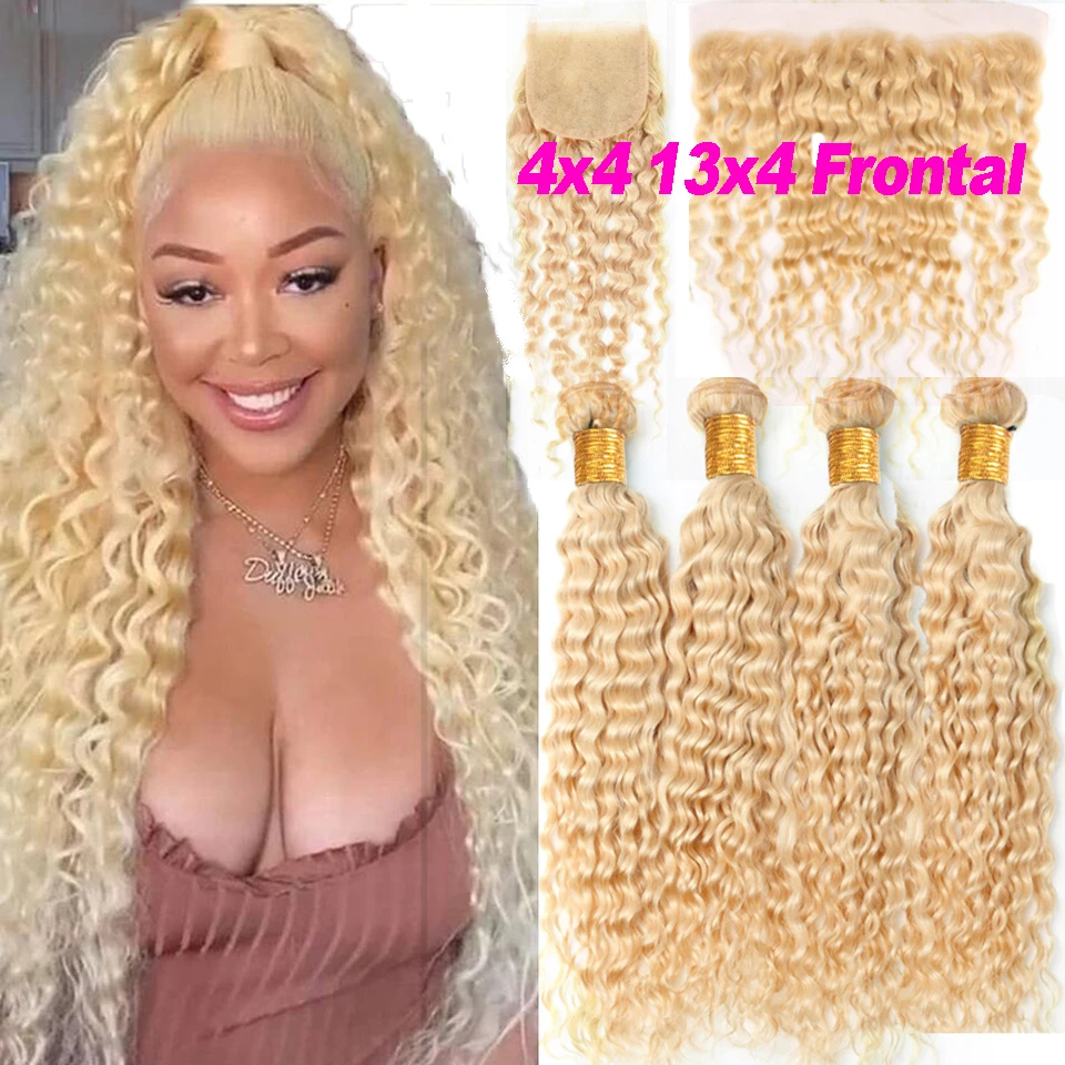 

613 Bundles With Frontal Honey Blonde Deep Wave Bundles with Closure Brazilian Hair Weave Bundles with Closure Preplucked