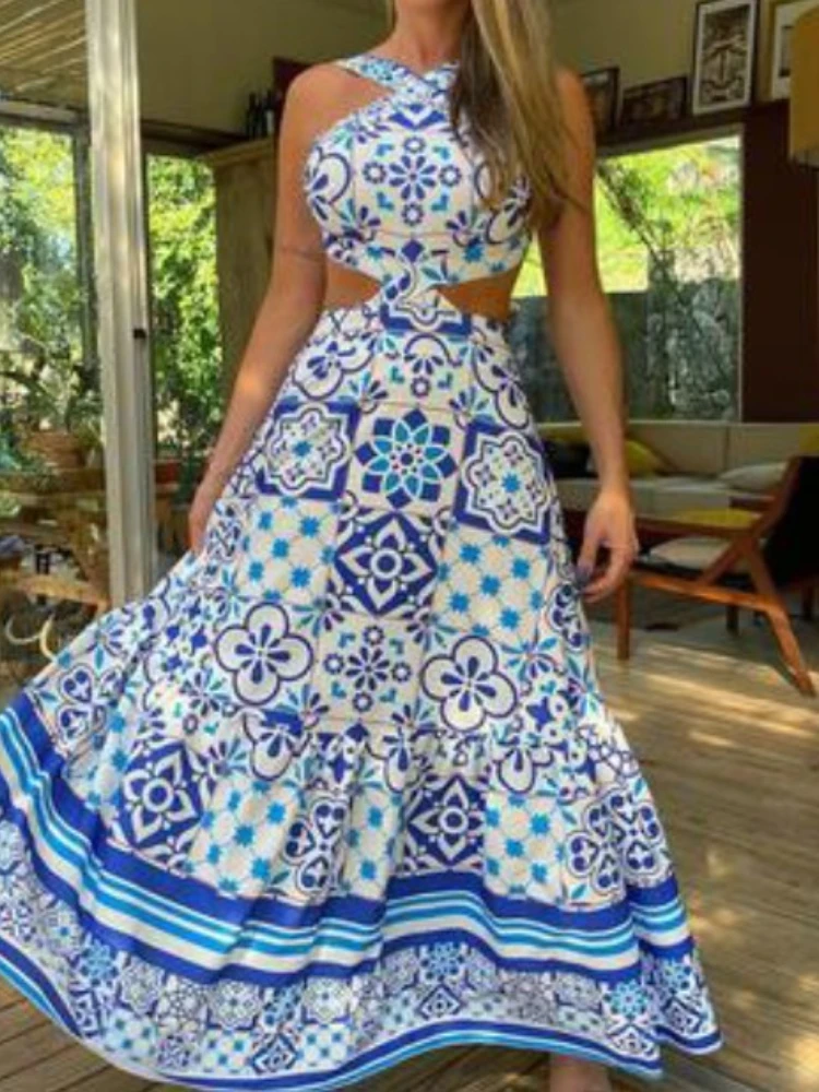 

Женское винтажное платье с принтом, Летнее Длинное платье без рукавов с лямкой на шее, ТРАПЕЦИЕВИДНОЕ элегантное платье для женщин