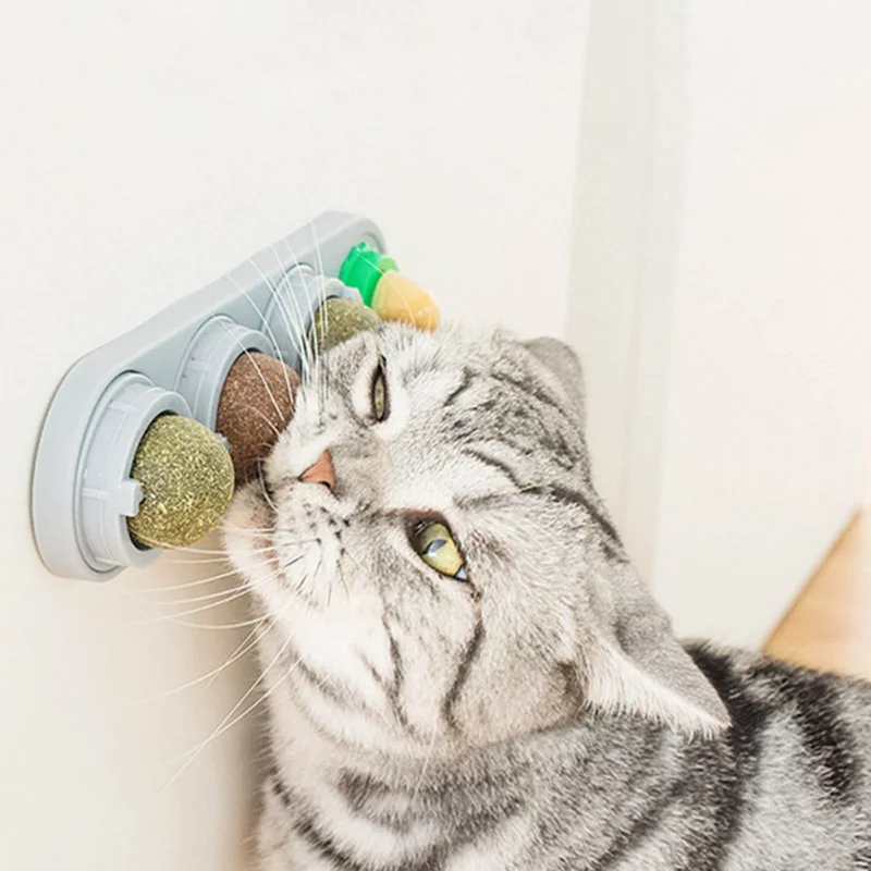 

4pcs Catnip Ball Set Cat Treat Toys Snack Self-Adhesive Rotated Catnip Ball Cats Wall Mount Cleaning Teeth Toys Foods