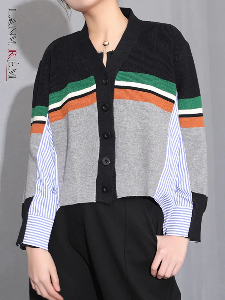 

LANMREM Loose Striped Shirt Patchwork Knitted Single Breasted Long Sleeve Tops For Women 2022 Autumn Fashion Clothing YJ675