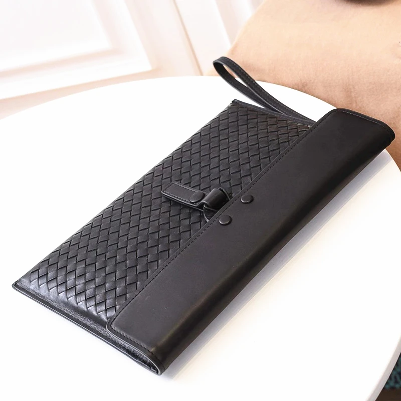 Men's Italian Leather Fashion Clutch Wallet Brand Luxury Hand Woven Wrist Strap Cowhide Large Capacity Business Envelope Bag