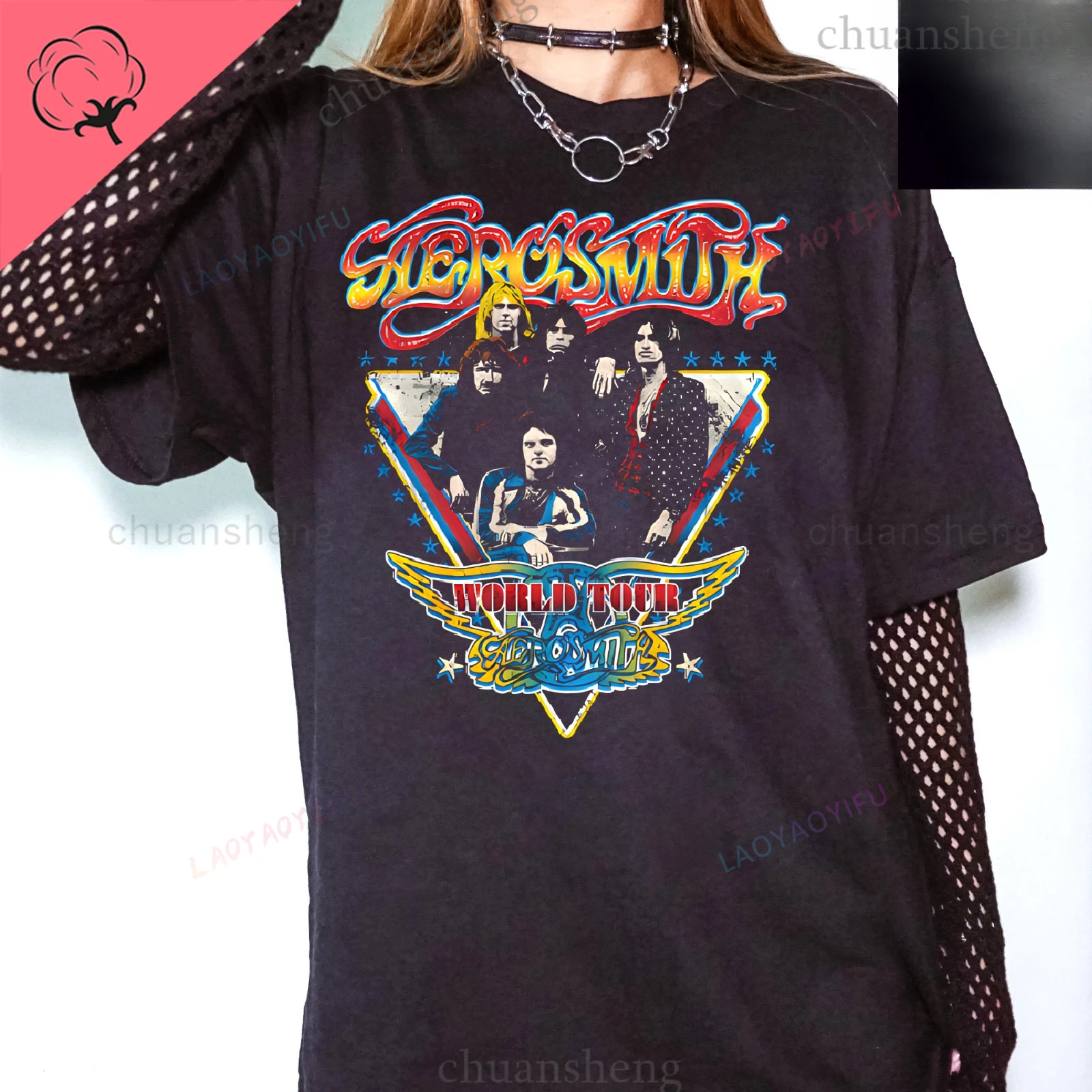 Фото Футболки Aerosmith «World Tour» Классические футболки рок-группы унисекс из плотного хлопка с короткими рукавами Топы из чистого хлопка Одежда Y2k №1