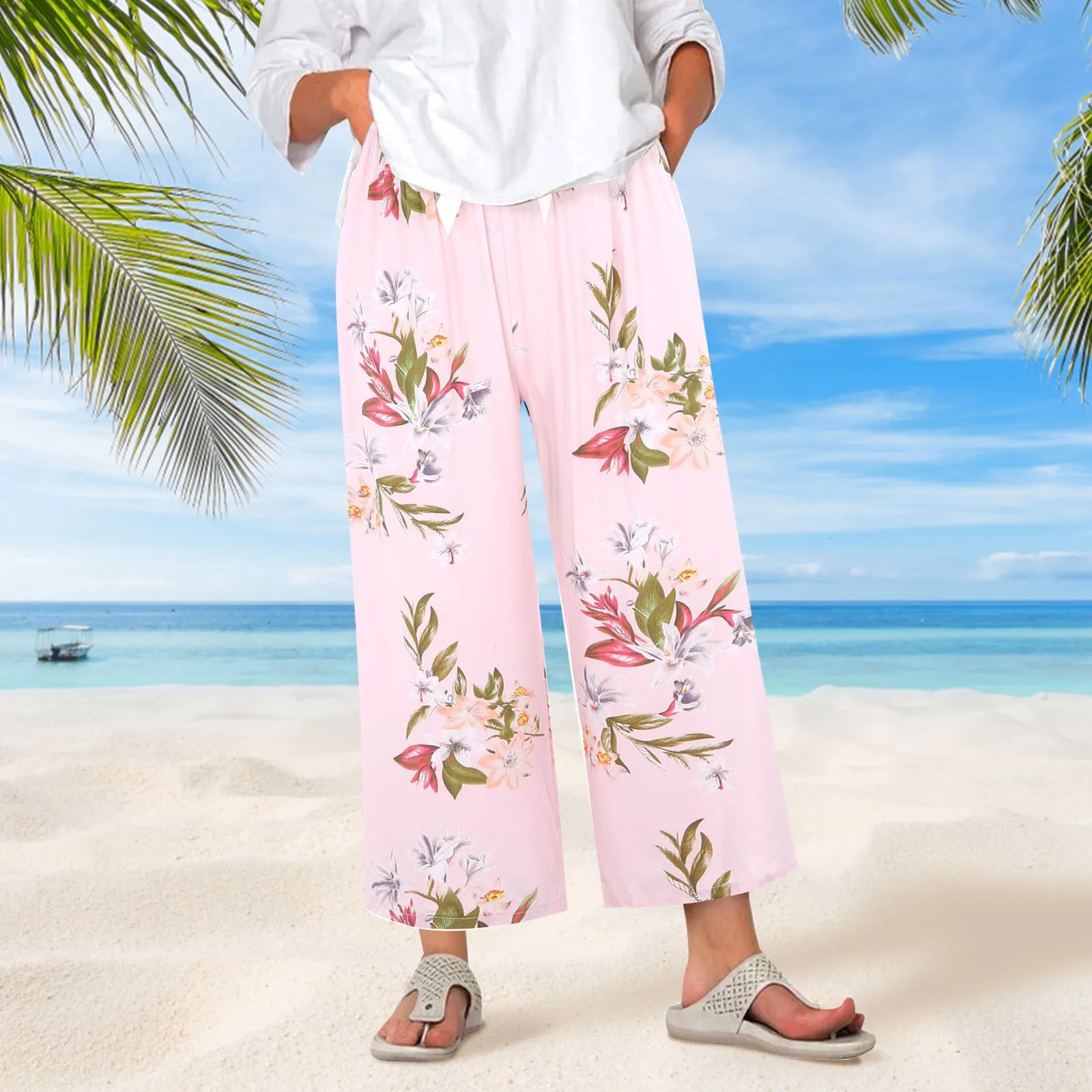 

Breathable Wide Leg Pajama Pants Women Comfy Boho Floral Print Lounge Trousers Bow Elastic Waist Long Pj Bottoms Pants Homewear
