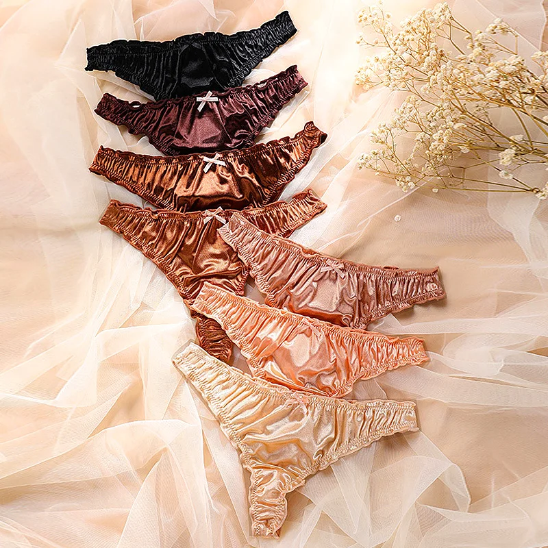 

Women's Underwear Sexy Satin Silk Panties for Women Pure Color Cotton Crotch Ruffle Thongs and G String Elastic Bikini Panties