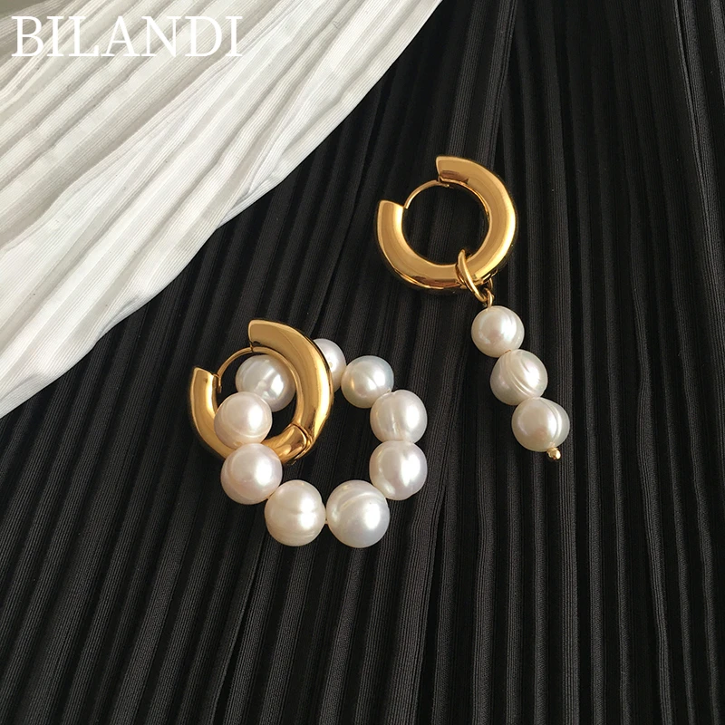 

Bilandi Asymmetric Natural Freshwater Pearl Earrings 2022 New Trend Double Circle Dangle Earrings French Unusual Drop Earrings