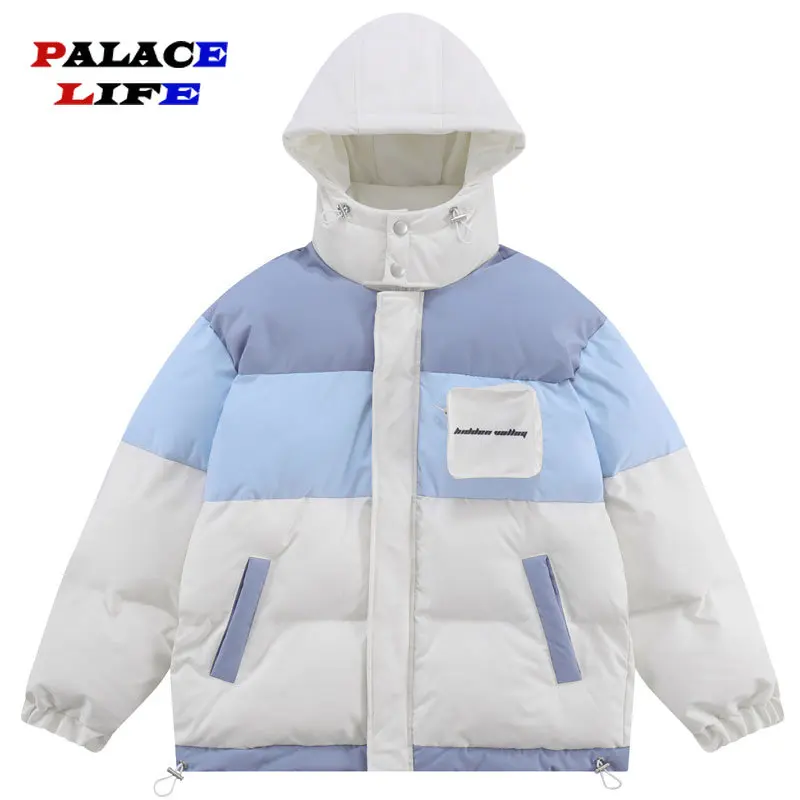 

Winter Hooded Parkas Jacket Men Streetwear Fashion Color Block Patchwork Thicken Warm Padded Coats Unisex Harajuku Outwear