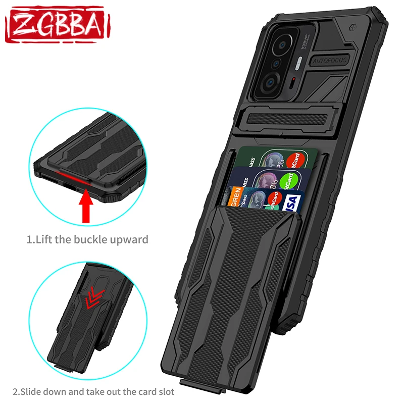 

ZGBBA Shockproof Card Slot Phone Protection Case For Xiaomi Mi 11 Pro 11T 11 Lite 5G GNE Card Holder Kickstand Armor Back Cover