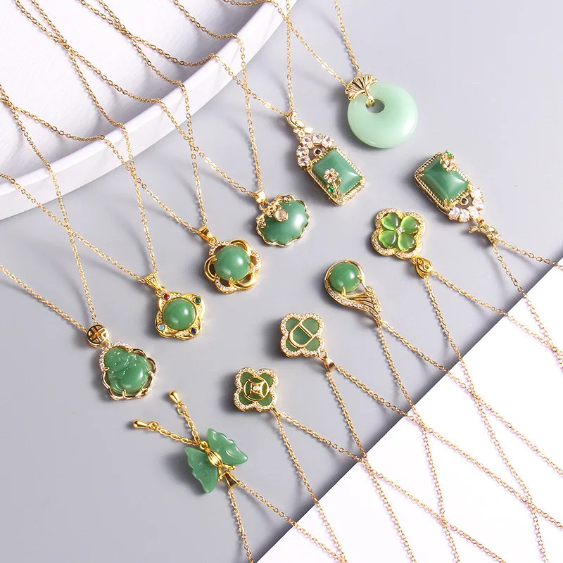 Vintage Imitation Jade Zircon Pendant Necklace Stainless Steel Chain Geometric Choker Collar Jewelry Party Gifts For Women Girls