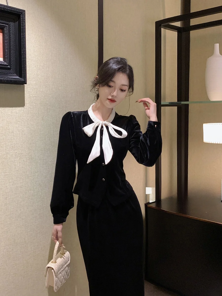 Lin Guanguan черные бархатные рубашки с бантом женские осенне-зимние уникальные