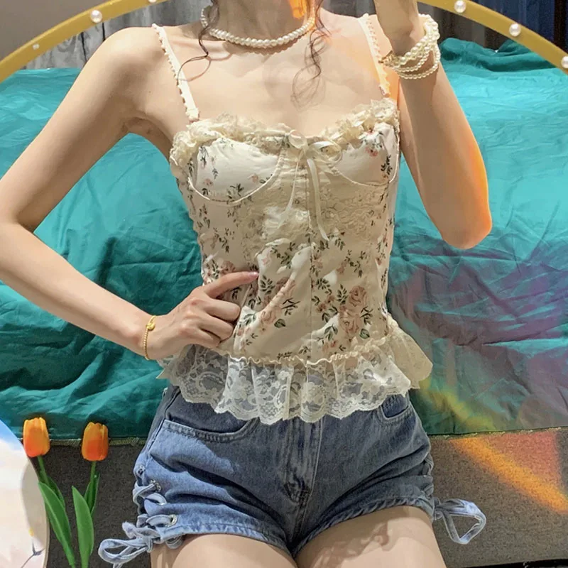 

Elegant Summer Women Suspenders Top 2022 New Sweet Bandage Backless Floral Printed Ribbon Lace Ruffles Crop Top Camis Streetwear