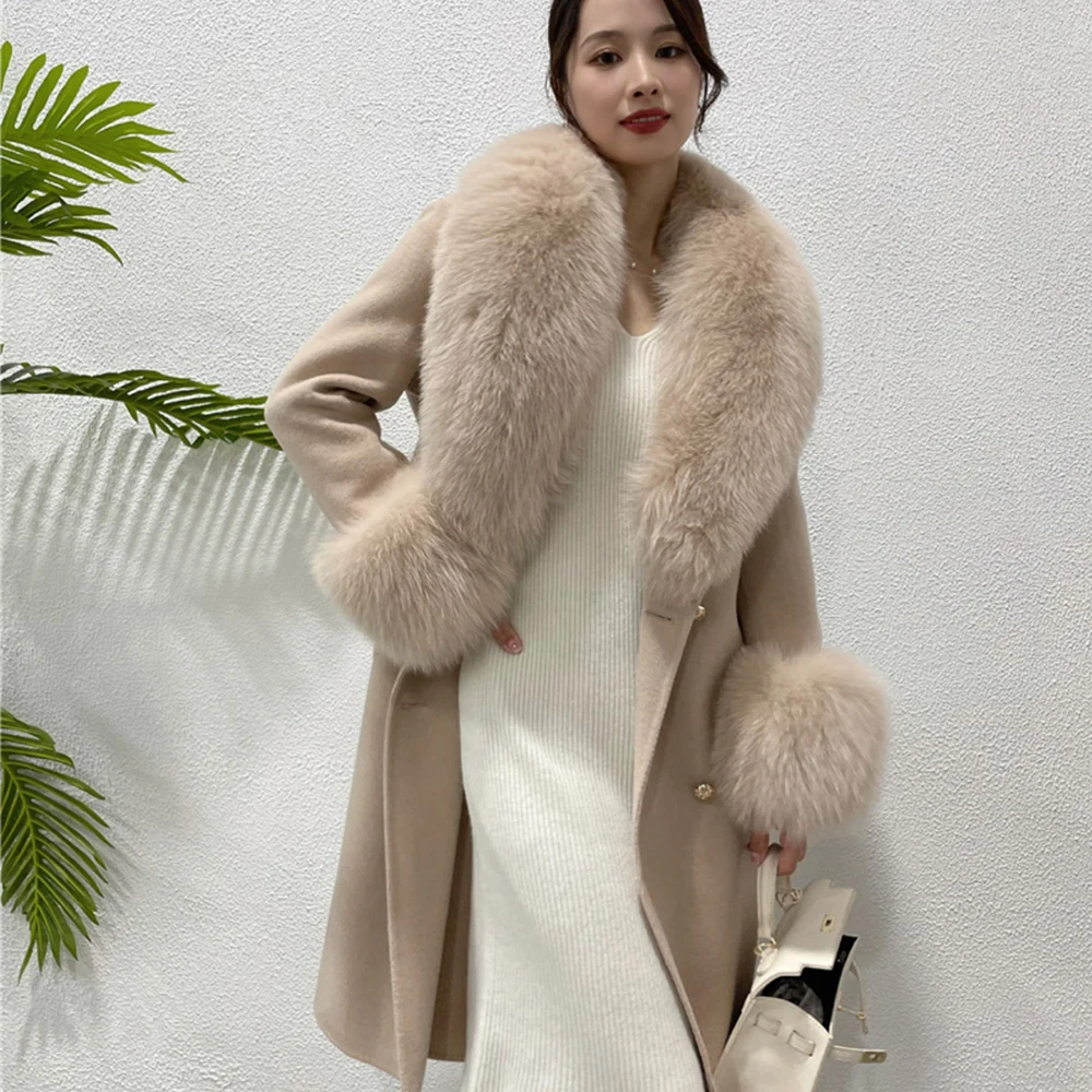 Long Cashmere Coat Women Winter Jacket with Real Large Fox Fur Collar Fashion Wool Blends Overcoat Ladies Streetwear Belt enlarge