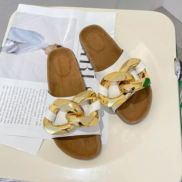 Women's Fashion Sandals 2022 Summer New Flat Bottom Solid Color Metal Chain Sandals Beach Women's Sandals  Women Shoes 43
