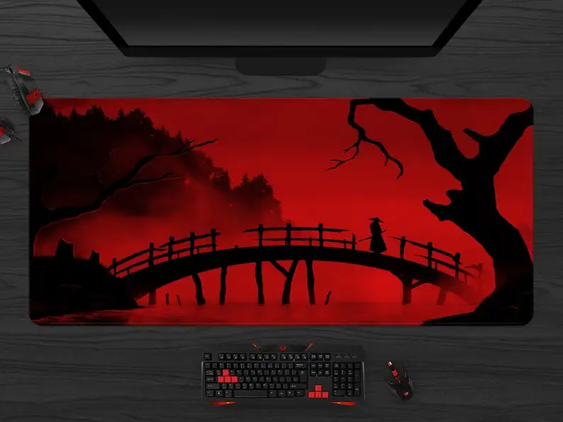 

Samurai Desk Mat Japanese Gaming Mousepad, Black and Red Mouse pad xl, Tokyo Kyoto Japan geometric art desk pad, extra large des