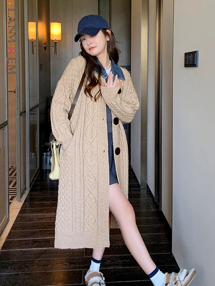 

Длинный толстый вязаный свитер LANMREM в Корейском стиле, пальто с джинсовым воротником, модный кардиган с пуговицами на зиму, 2R6720