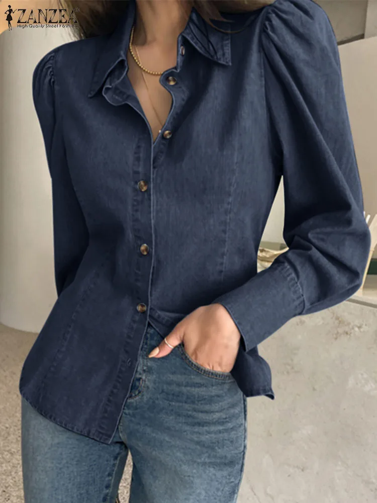 

ZANZEA Women Fashion Holida Denim Tops Vintage Puff Sleeve Lapel Collar Blouse Waisted Button Shirt 2023 Autumn Commuting Blusa