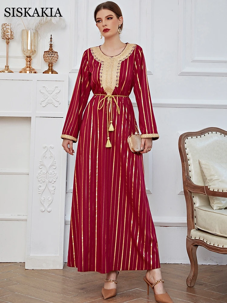 

2022 Spring New Elegant Ethnic Embroidery Long Dress Full Sleeve Bronzing Print Arabic Women Lace-up Dress Kaftan Robe Eid