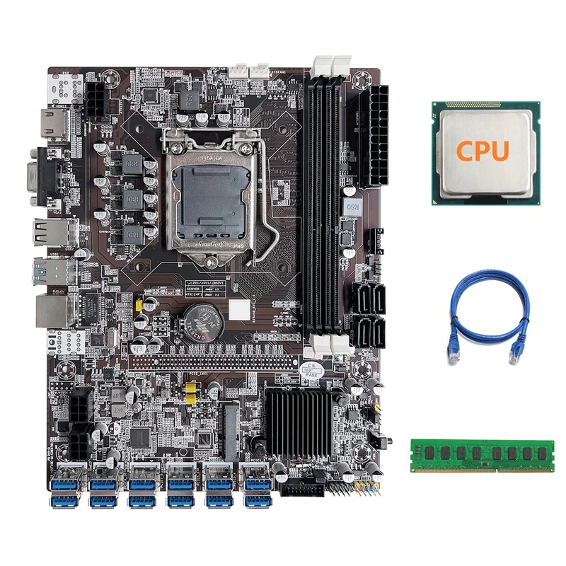 

B75 ETH Mining Motherboard 12 PCIE To USB LGA1155 Motherboard With Random CPU+DDR3 4GB 1600Mhz RAM+RJ45 Network Cable