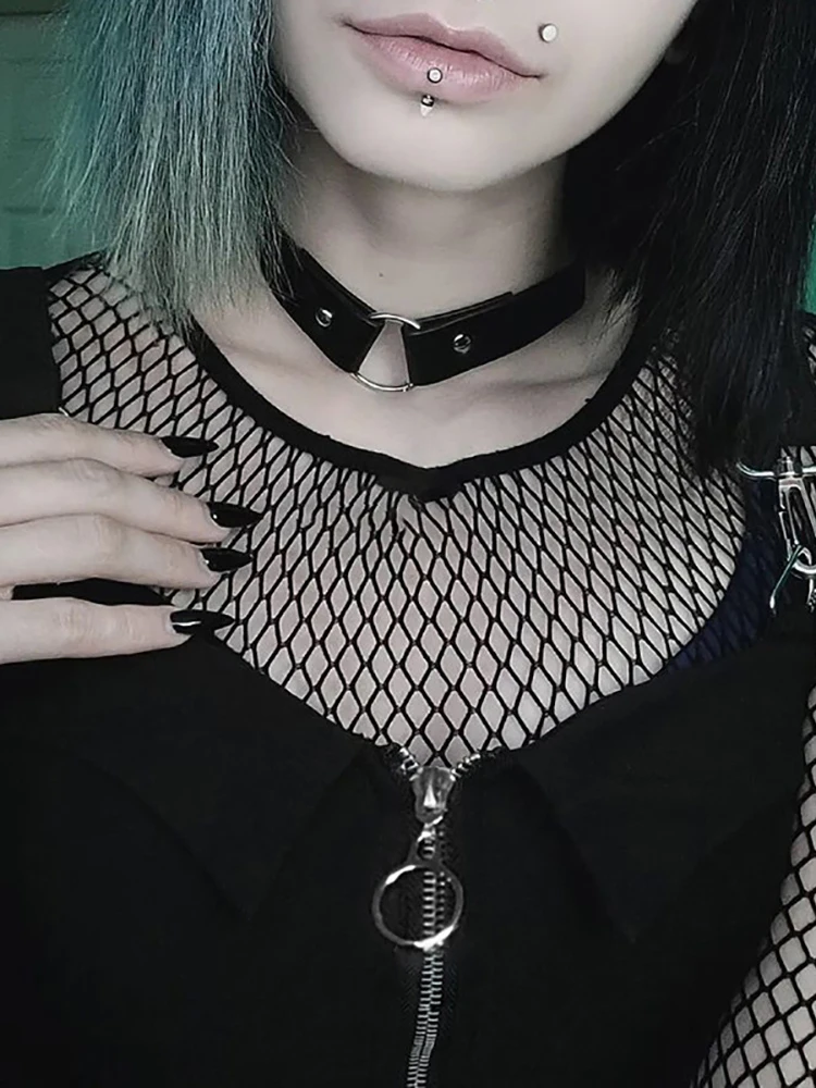 Goth Dark Mall Gothic Sexy Cut Out Zip Up Tank Tops Grunge Bodycon Punk Black Women Camis Patchwork Crop Bustier Emo Alt Clothes |