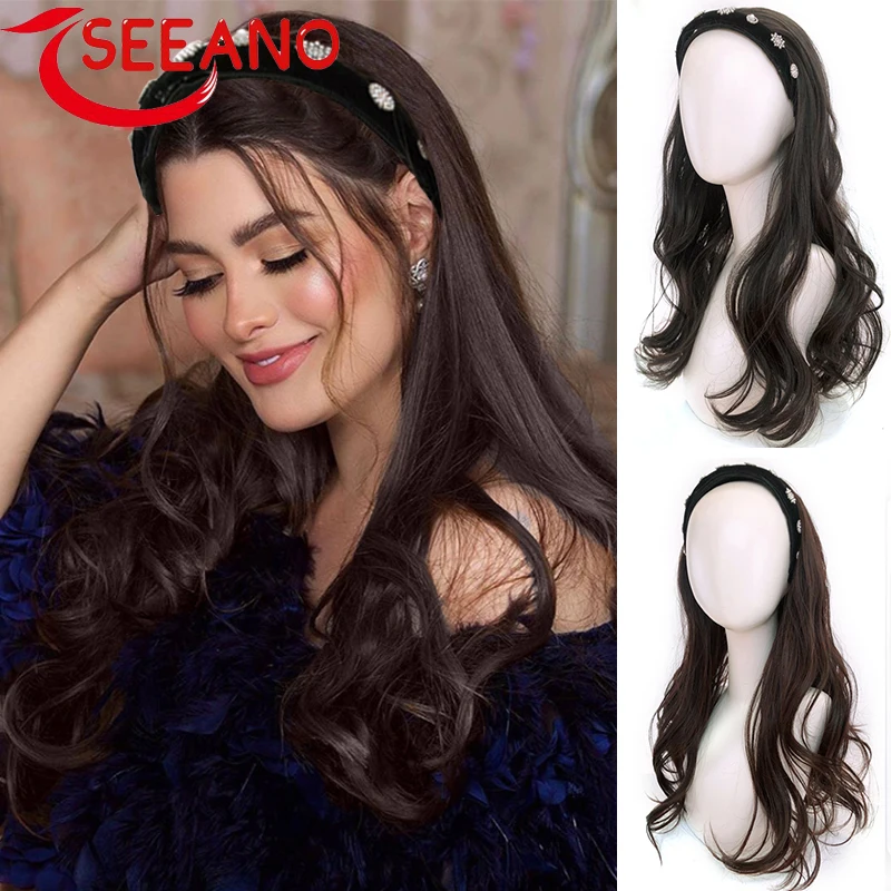 SEEANO Synthetic Long Wavy Mesh Wavy Headband Wig Black Brown Light Brown Cosplay Women's Black With Drill Hairband Accessories