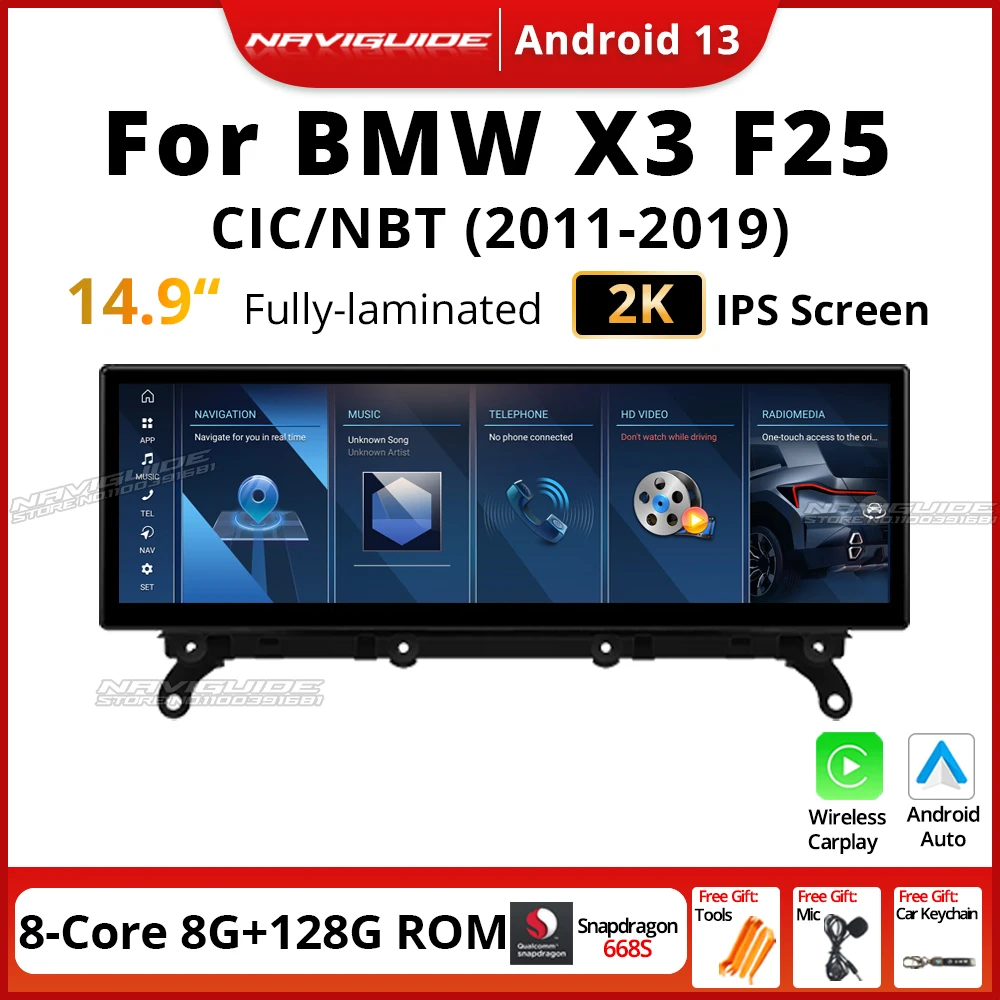 NAVIGUIDE 14 9 'ɺndroid13 Автомобильный радиоприемник для BMW X3 F25 X4 F26 2011-2019 CIC NBT Susytem Carplay