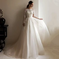 elegan lace long sleeves wedding dress 2022 for bridal fashion a line o neck wedding gown button pleat tulle robe de mari%c3%a9e