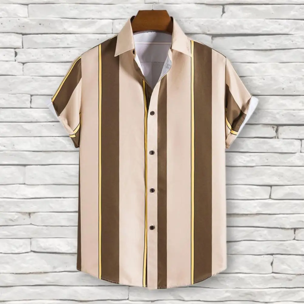 

Men Shirt Stripe Print Contrast Color Short Sleeve Turn-down Collar Formal Men Top Daily Garment