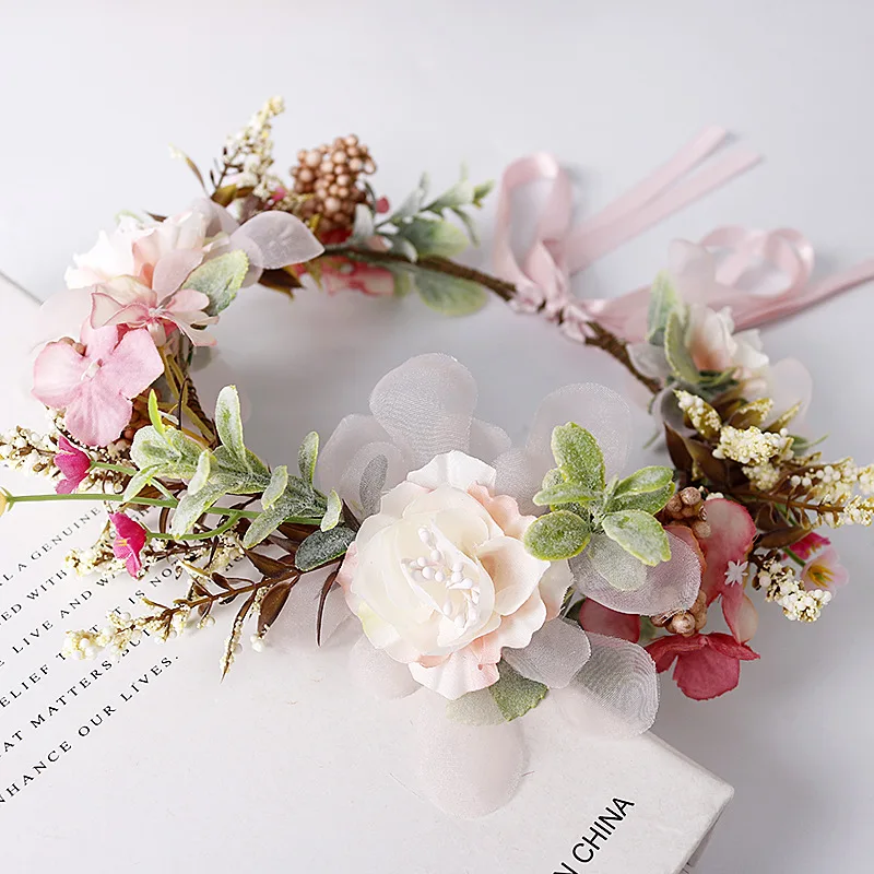 

Free Shipping Flower Headband Hair Wreath Floral Garland Crown Bridal Headpiece with Ribbon Wedding Festival Party Deco WLL144