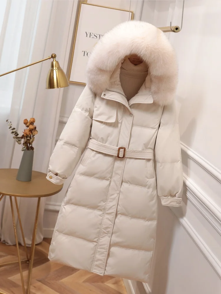 Women Long Down Jacket New Casual Style Fox Fur Collar White Duck Down Jackets Autumn Winter Coats And Parkas Female Outwear
