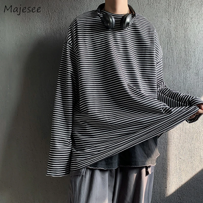 

Футболка мужская полосатая с длинным рукавом, модная универсальная Повседневная Базовая рубашка свободного покроя, уличная одежда в стиле ...