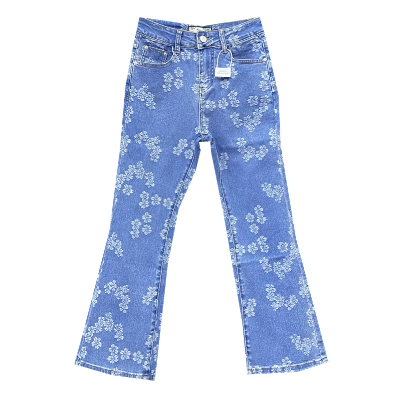 2022 New Summer Korean Style Denim Pants Women's Slim Fit Thin Printed Cropped Pants Female Blue Flared Jeans Woman Casual Jean