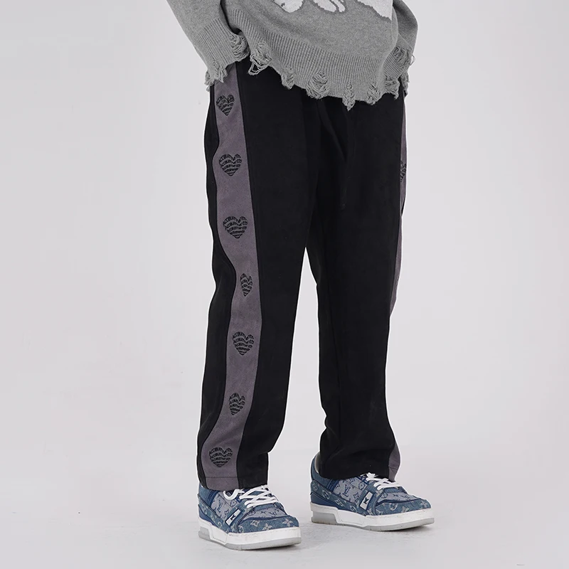 Hip Hop  Loose Trousers High Street Track Pants Suede Love Embroidered Letters Casual Pants Mens Straight Color Block Drawstring