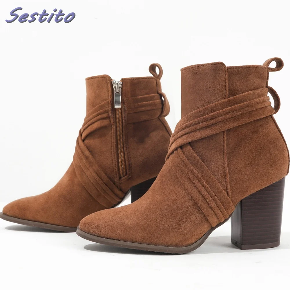 

Замшевые Кожаные ботильоны на ремешках женские модные ботинки на блочном каблуке с боковой молнией коричневые однотонные Новое поступление зимние повседневные лаконичные