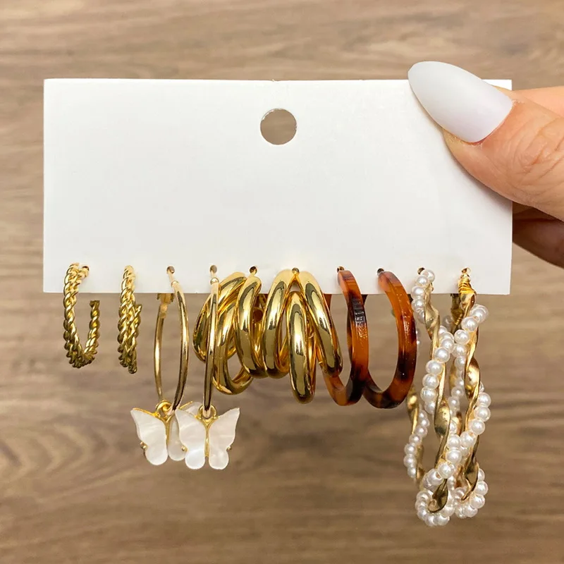 

5 Pairs Fashion Retro Geometric Circle Pearl Hoop Earring Set Women Vintage Butterfly Leopard Resin Drop Earring Fashion Earring