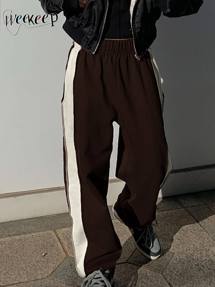

Weekeep Casual Patchwork Sweatpants Grunge Brown Jogging Trousers Womens Streetwear Baggy Low Rise Straight Capris Harajuku y2k