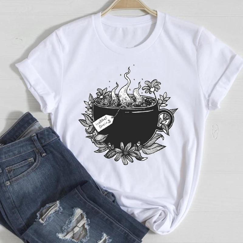 

2022 Women T Shirt Witch Floral Fashion Cute 90s Short Sleeve T-shirts Female Funny Graphic Print Streetwear y2k Clothes Tops