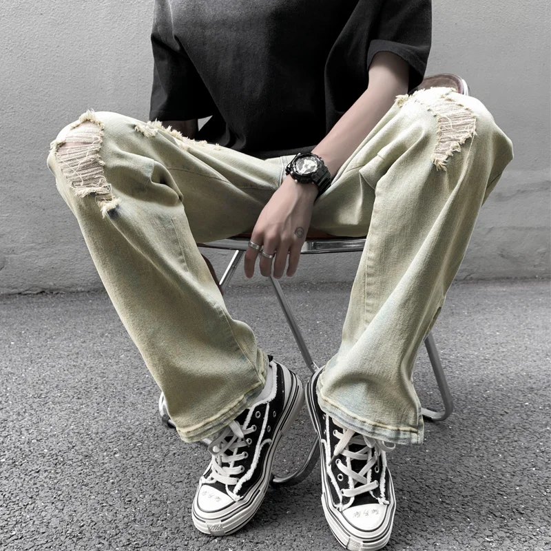 Summer Blue/Black Ripped Jeans Men Slim Fashion Casual Straight Jeans Men Streetwear Hip Hop Hole Denim Pants Mens Trousers