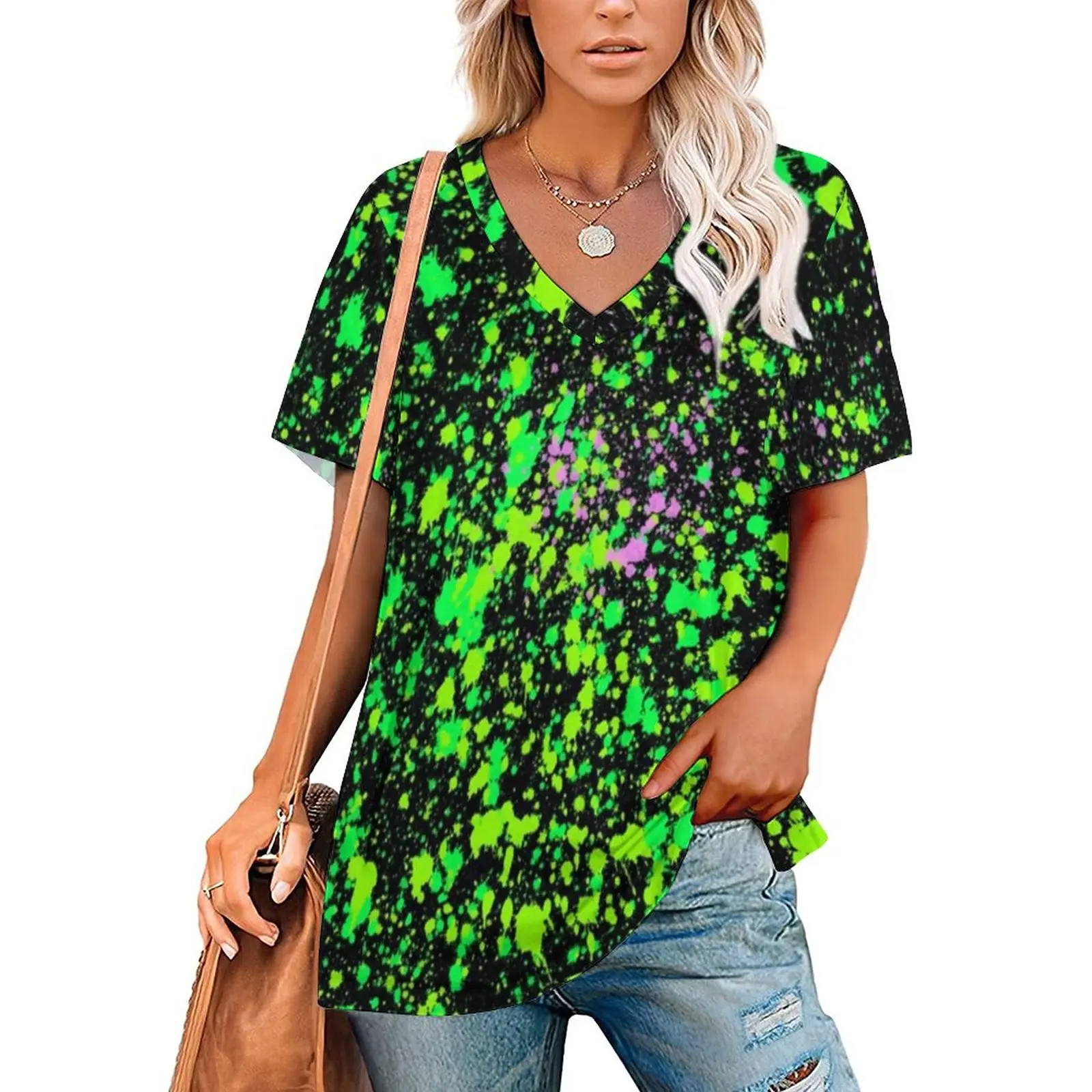 

Green Neon Paint T Shirt Abstract Art Print Cute T-Shirts V Neck Short-Sleeve Pattern Tops Female Street Wear Tees Large Size