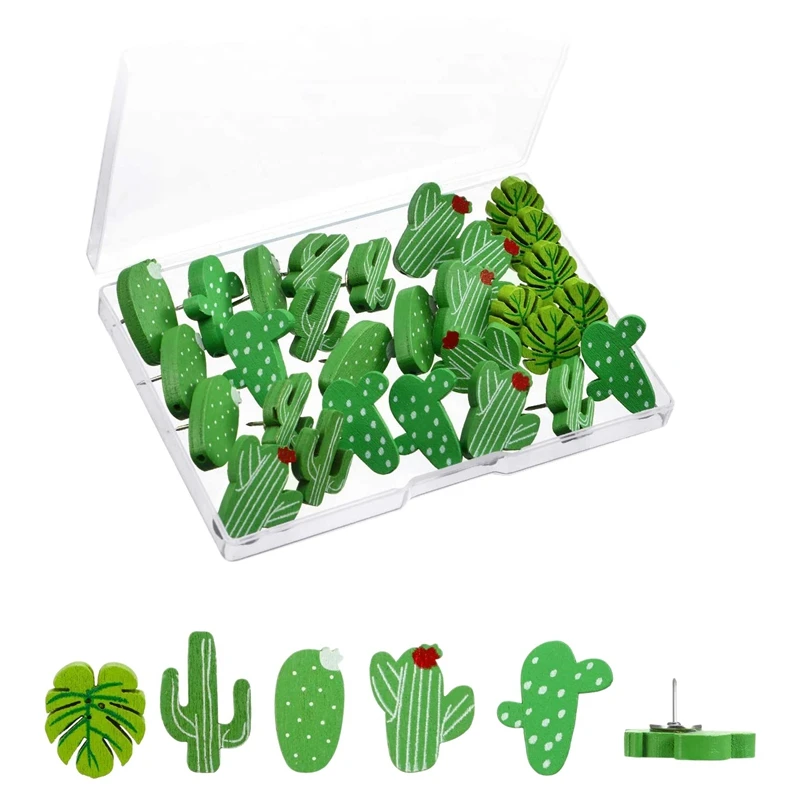 

30 Pcs Wood Push Pins Cactus Palm Leaves Thumb Suitable for Photo Walls, Maps, Bulletin Boards or Cork Boards