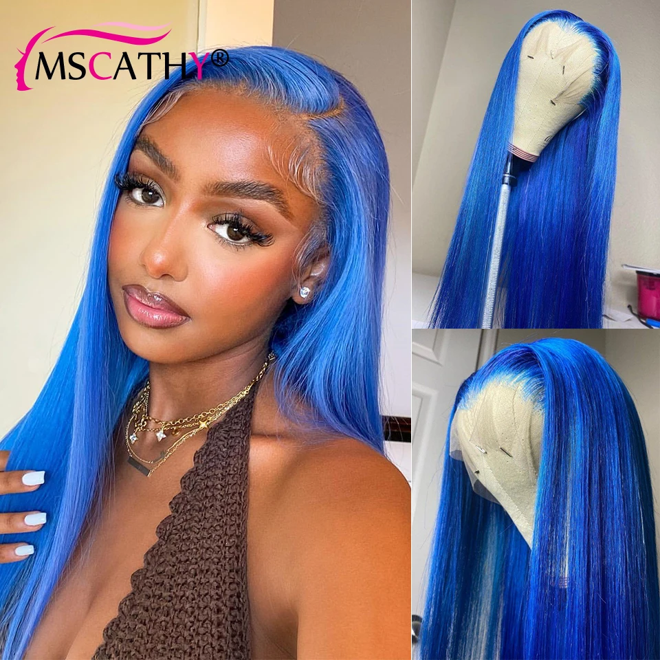 Blue Colored Human Hair Wigs For Women Long Straight Lace Front Wigs Human Hair Lace Frontal Wig HD Transparent Lace Closure Wig