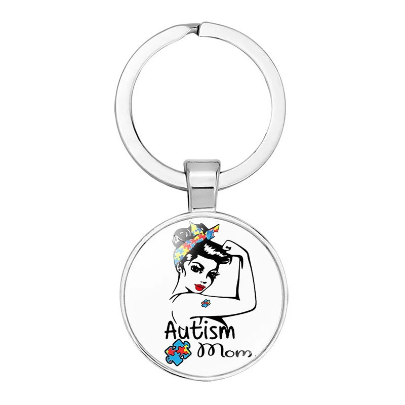 

Star Child Autism Mom Keychain Rainbow Puzzle Autism Awareness Symbol Glass Metal Pendant Key Chain Hope Keyring Family Gift