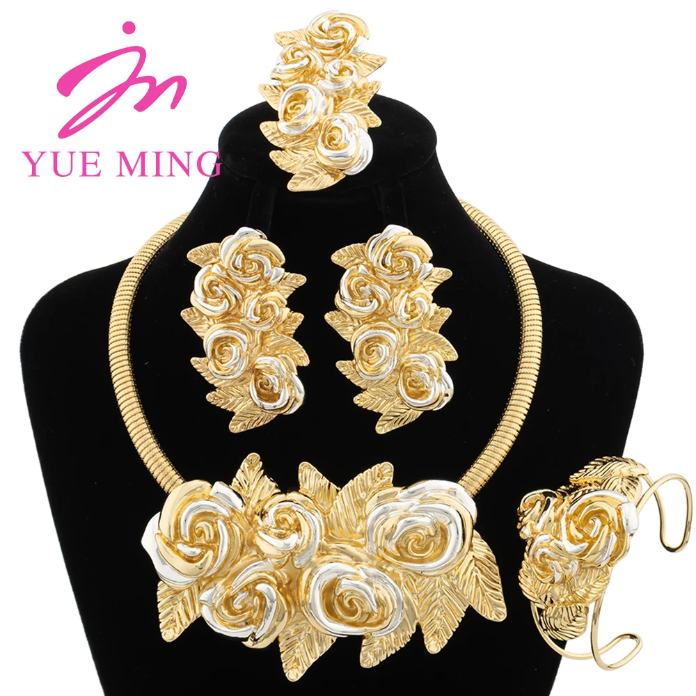 

YM Gold Plated Jewelry Set Copper High Quality Brazil Women Necklace Earrings Flower Shape Pendant Banquet Wedding Bangles Rings