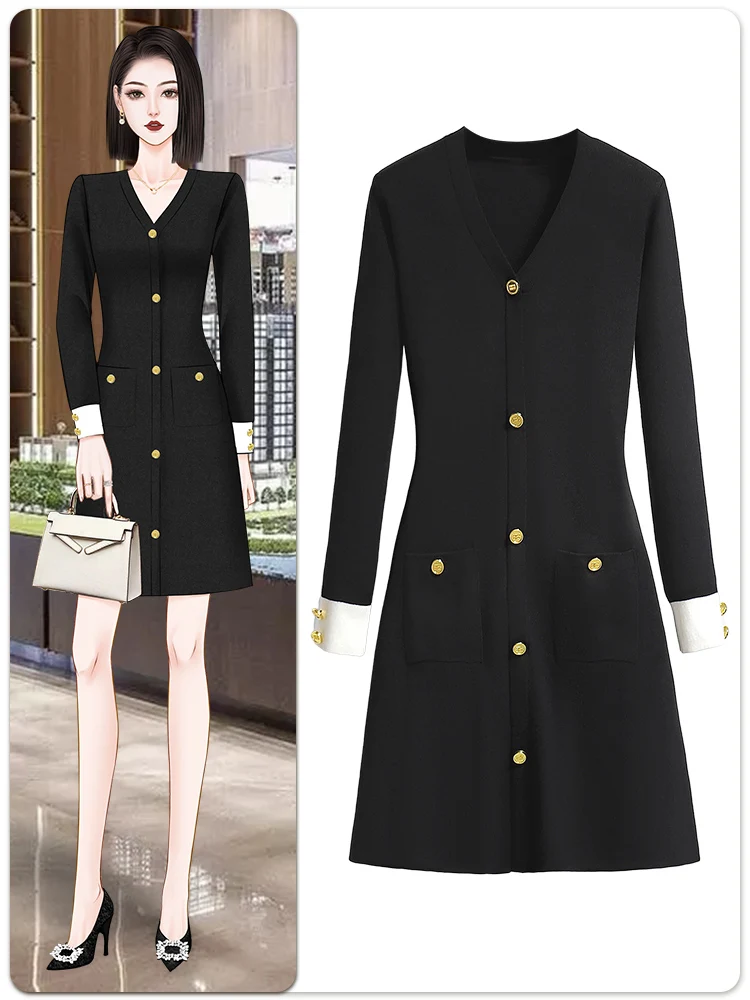 High-End Black Thickened Knitted dress Women Winter Wear 2024 Temperament V-neck Slim fit Bottoming Sweater Dress